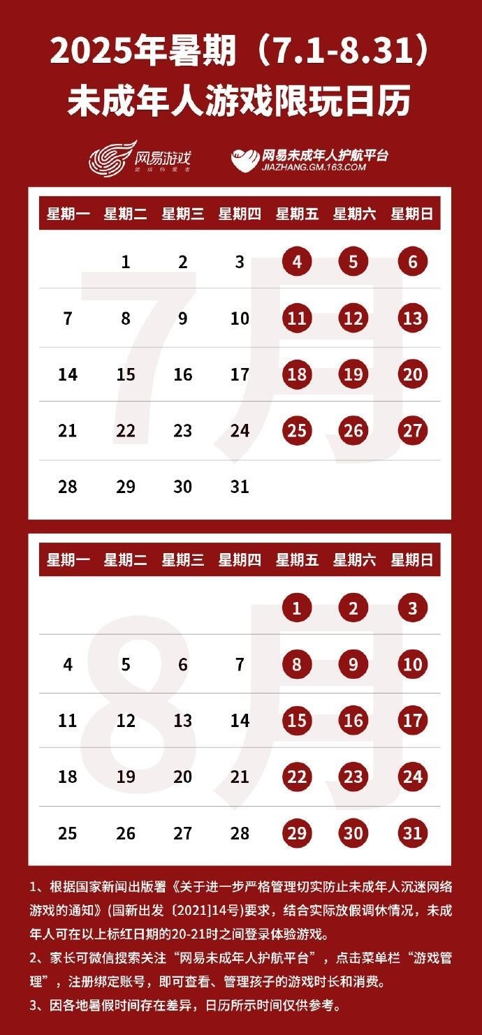 腾讯网易发布未成年人暑期限玩日历 两个月能玩27小时